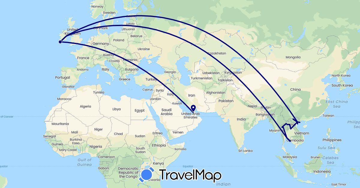 TravelMap itinerary: driving in United Arab Emirates, Ireland, Laos, Thailand, Vietnam (Asia, Europe)